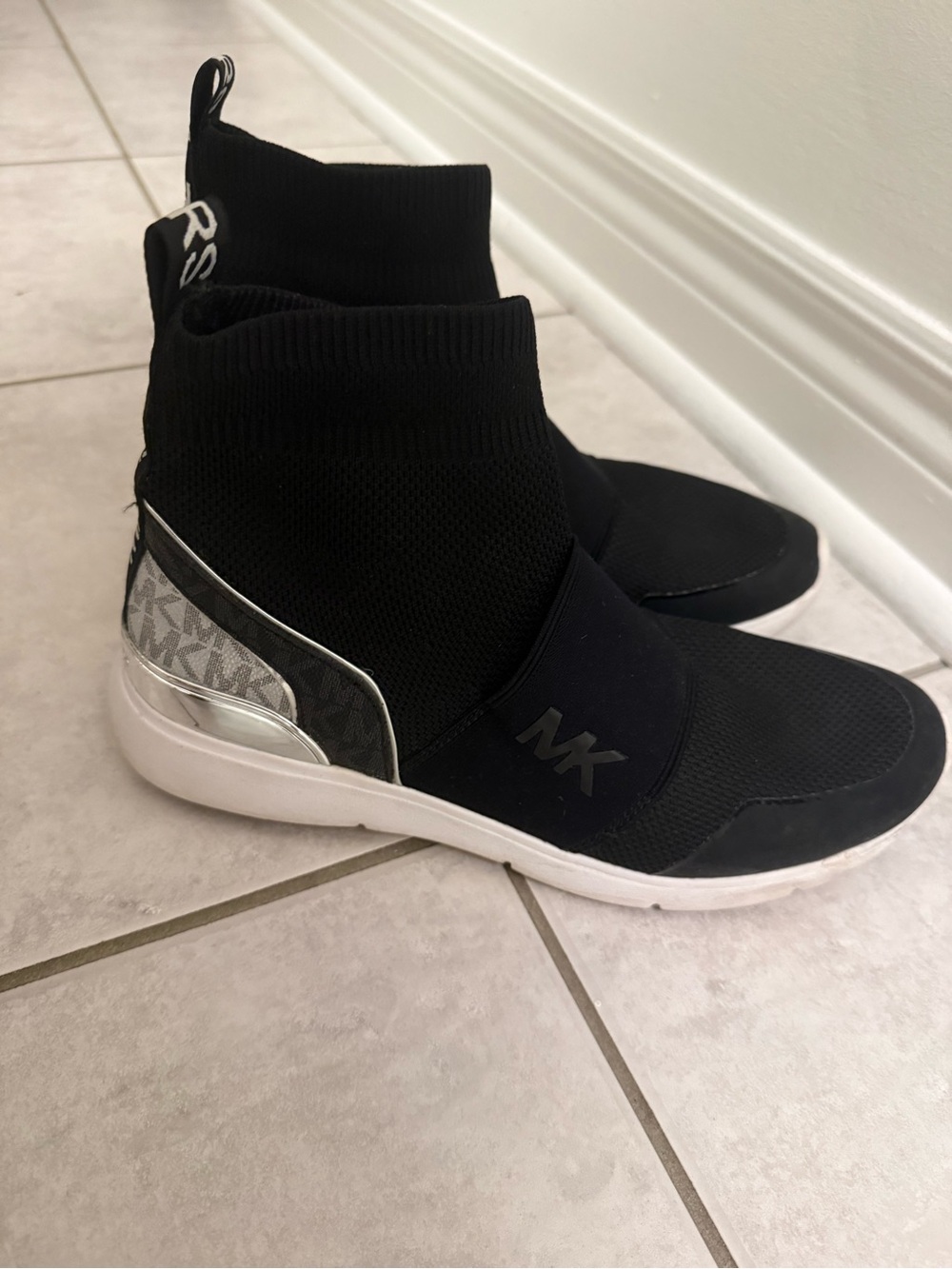 Michael Kors Black Knit High-Top Slip-On Sneakers with Silver Accents
